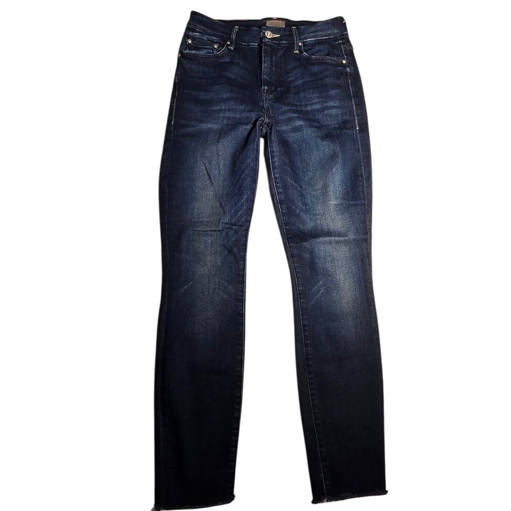 Mother Denim Skinny Jeans Dark Indigo Faded Whiskered Raw Hem Women Size 27 1123
